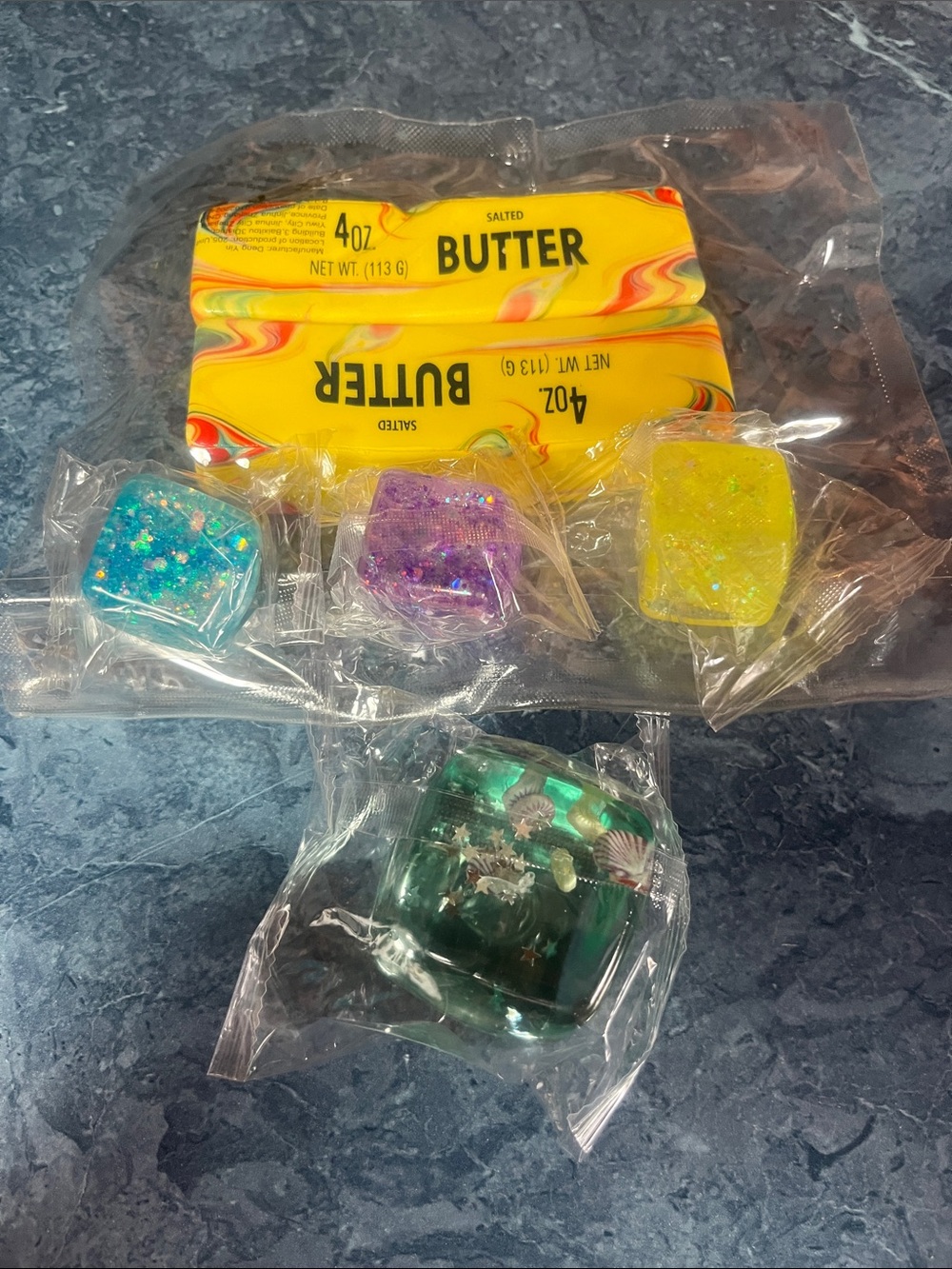 Glitter and tie dye squishy bundle - Yellow, Purple, Blue, Green